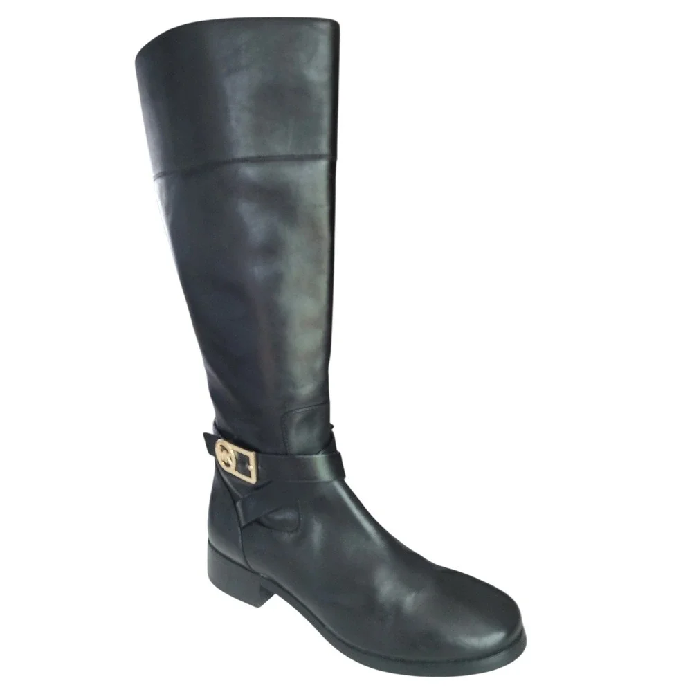 Michael Kors Bryce Black Leather Knee High Tall Riding Boots MK Logo Buckle 9